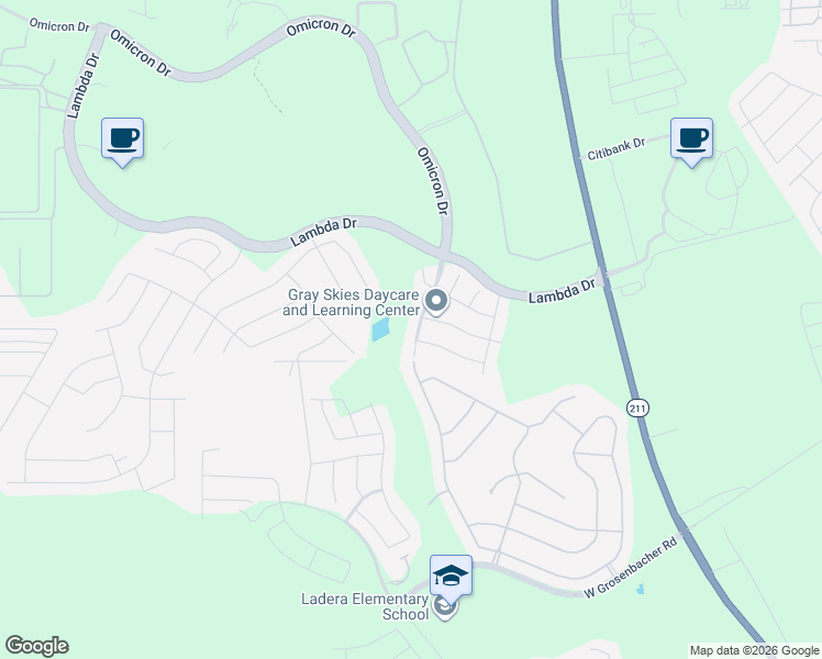 map of restaurants, bars, coffee shops, grocery stores, and more near 14302 Omicron Drive in San Antonio