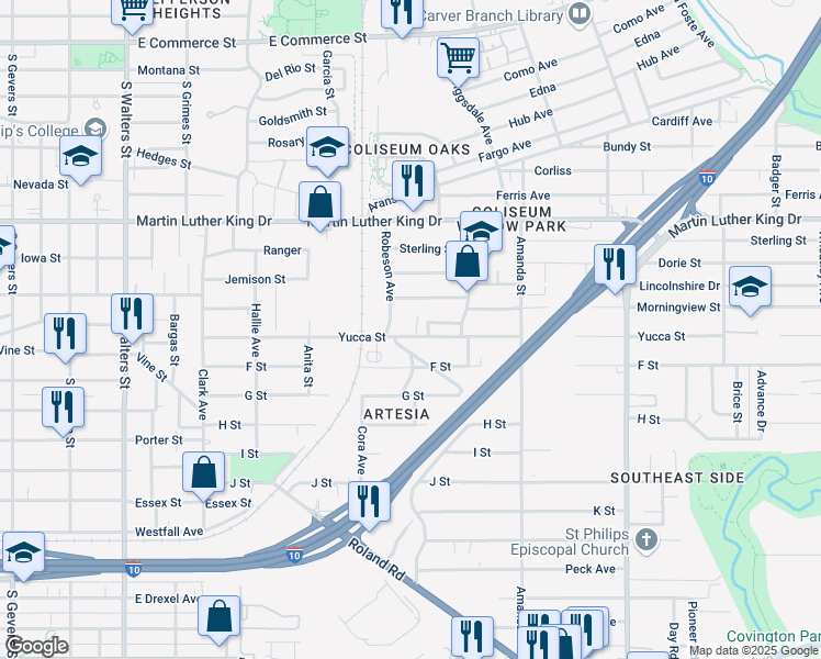 map of restaurants, bars, coffee shops, grocery stores, and more near 511 Yucca Street in San Antonio