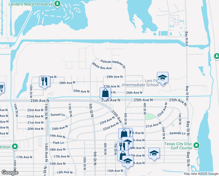 map of restaurants, bars, coffee shops, grocery stores, and more near 645 27th Avenue North in Texas City