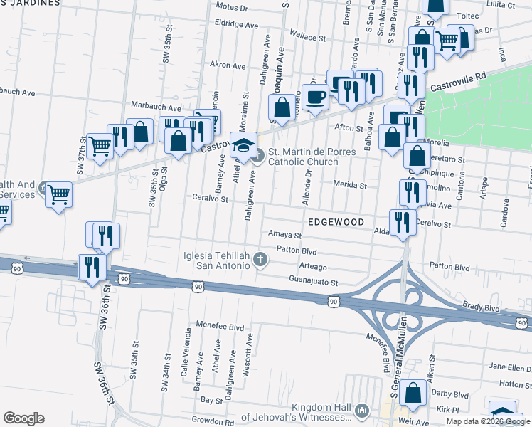 map of restaurants, bars, coffee shops, grocery stores, and more near 447 Amaya in San Antonio