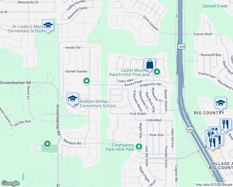map of restaurants, bars, coffee shops, grocery stores, and more near 11407 Lost Mine Trail in San Antonio