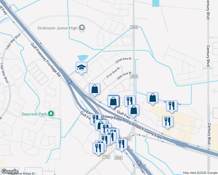 map of restaurants, bars, coffee shops, grocery stores, and more near 11225 30th Avenue North in Texas City