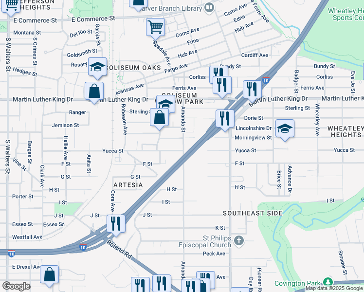 map of restaurants, bars, coffee shops, grocery stores, and more near 227 Morningview Drive in San Antonio