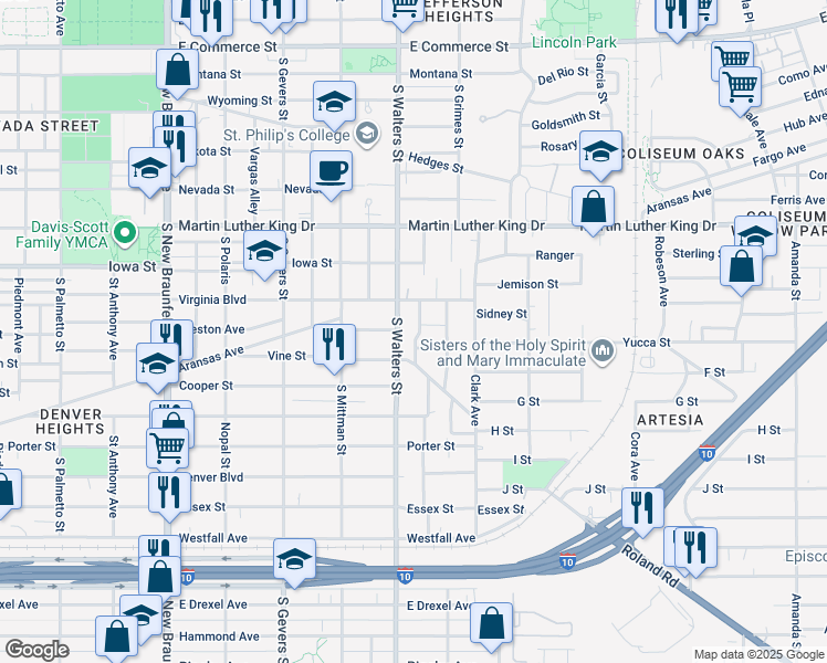 map of restaurants, bars, coffee shops, grocery stores, and more near 2130 Virginia Boulevard in San Antonio