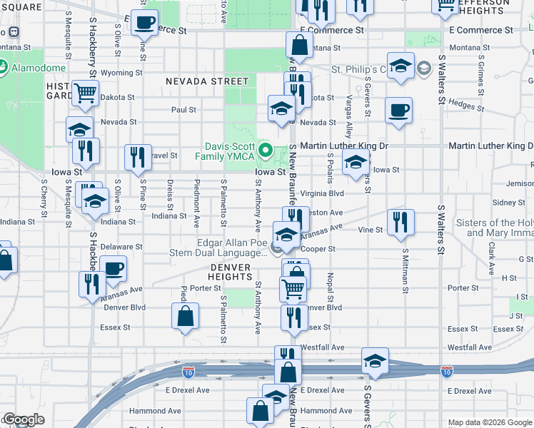 map of restaurants, bars, coffee shops, grocery stores, and more near 203 Nelson Avenue in San Antonio