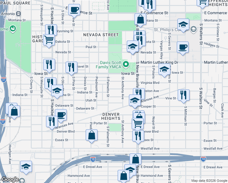 map of restaurants, bars, coffee shops, grocery stores, and more near 123 Nelson Avenue in San Antonio