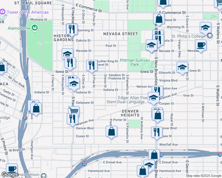 map of restaurants, bars, coffee shops, grocery stores, and more near 926 Virginia Boulevard in San Antonio
