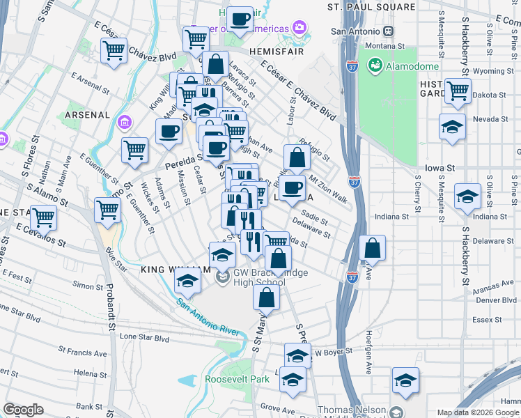 map of restaurants, bars, coffee shops, grocery stores, and more near 231 Sadie Street in San Antonio