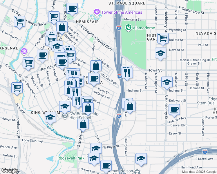 map of restaurants, bars, coffee shops, grocery stores, and more near 538 Leigh Street in San Antonio