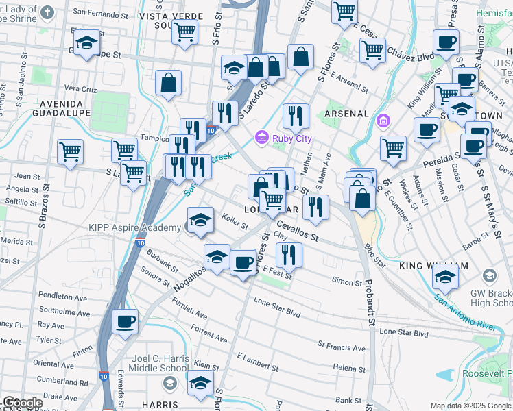 map of restaurants, bars, coffee shops, grocery stores, and more near 207 West Cevallos in San Antonio