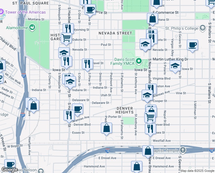 map of restaurants, bars, coffee shops, grocery stores, and more near 926 Virginia Boulevard in San Antonio