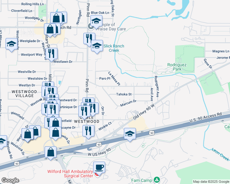 map of restaurants, bars, coffee shops, grocery stores, and more near 6618 Elmer Boulevard in San Antonio