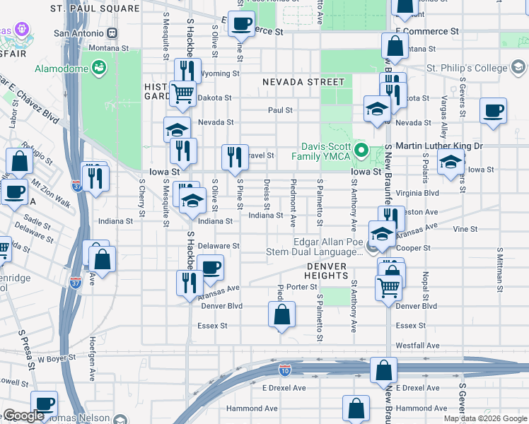 map of restaurants, bars, coffee shops, grocery stores, and more near 828 Virginia Boulevard in San Antonio