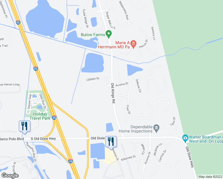 map of restaurants, bars, coffee shops, grocery stores, and more near County Highway 2001 in Ormond Beach