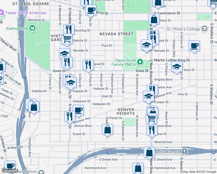 map of restaurants, bars, coffee shops, grocery stores, and more near 926 Virginia Boulevard in San Antonio
