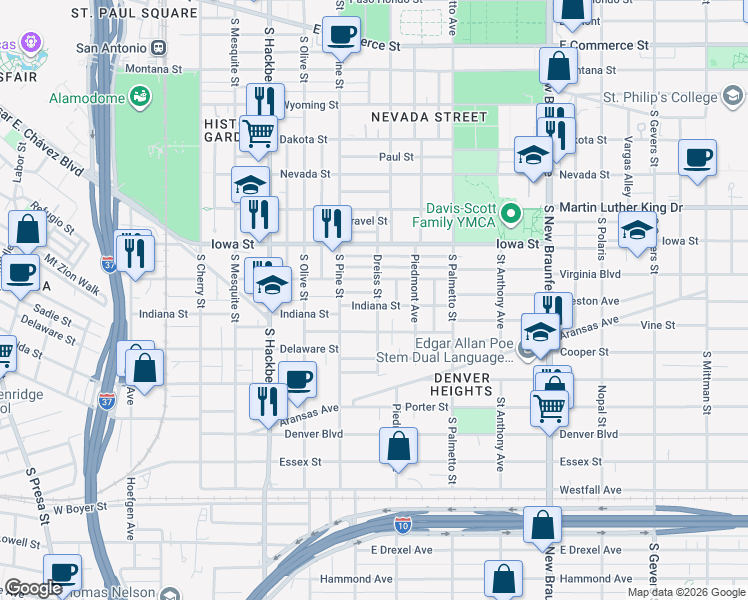 map of restaurants, bars, coffee shops, grocery stores, and more near 828 Virginia Boulevard in San Antonio