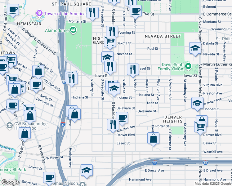 map of restaurants, bars, coffee shops, grocery stores, and more near 907 South Hackberry in San Antonio