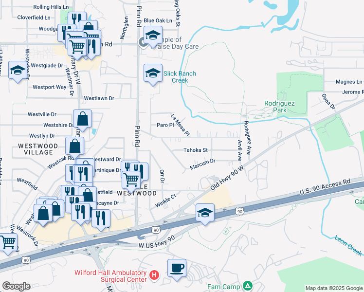 map of restaurants, bars, coffee shops, grocery stores, and more near 6618 Elmer Boulevard in San Antonio