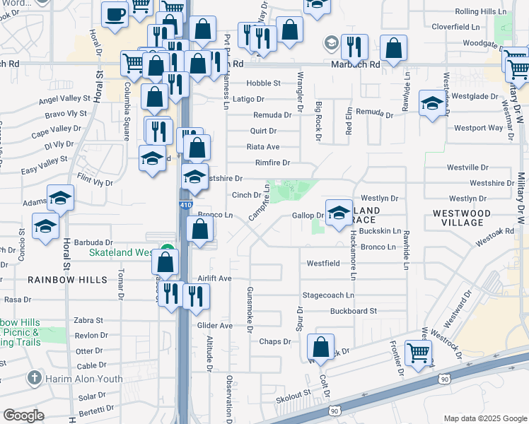 map of restaurants, bars, coffee shops, grocery stores, and more near 7918 Cinch Drive in San Antonio