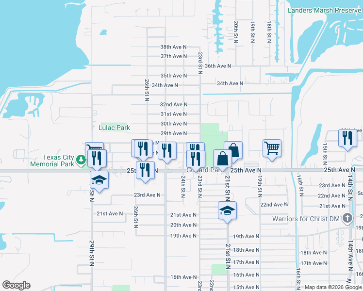 map of restaurants, bars, coffee shops, grocery stores, and more near 2326 28th Avenue North in Texas City