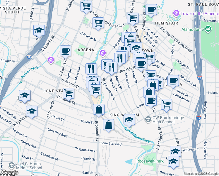 map of restaurants, bars, coffee shops, grocery stores, and more near 135 Wickes Street in San Antonio