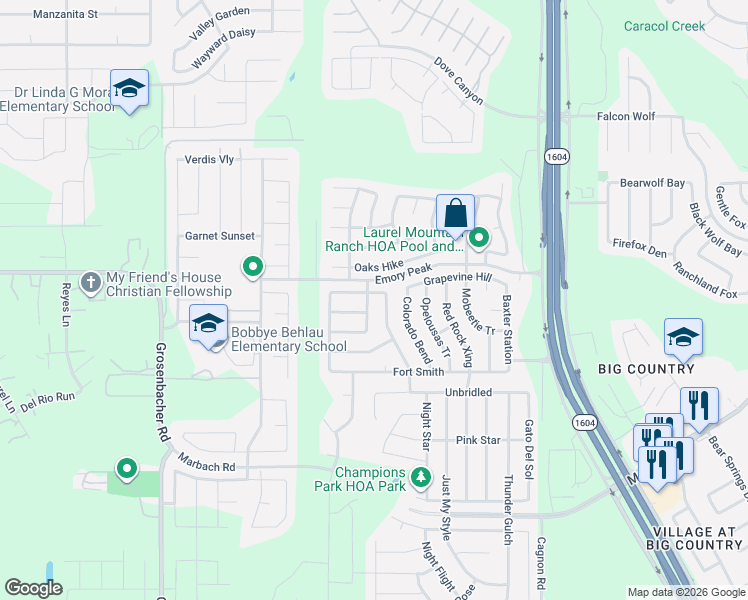 map of restaurants, bars, coffee shops, grocery stores, and more near 11403 Comanche Trail in San Antonio