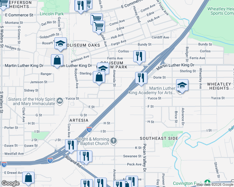 map of restaurants, bars, coffee shops, grocery stores, and more near 354 Morningview Drive in San Antonio