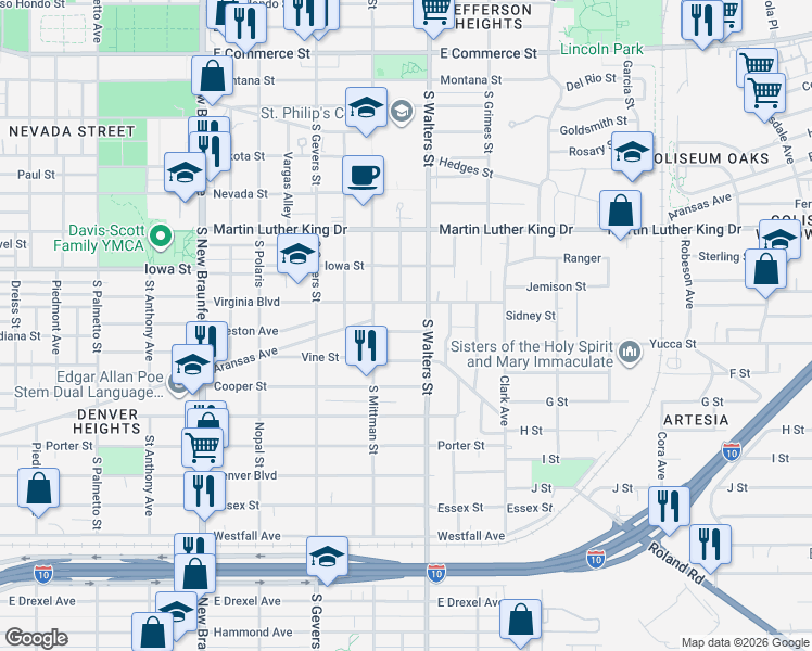 map of restaurants, bars, coffee shops, grocery stores, and more near 2020 Virginia Boulevard in San Antonio