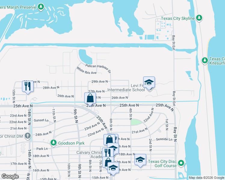 map of restaurants, bars, coffee shops, grocery stores, and more near 513 28th Avenue North in Texas City