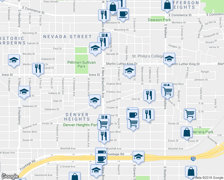 map of restaurants, bars, coffee shops, grocery stores, and more near 1404 Virginia Boulevard in San Antonio