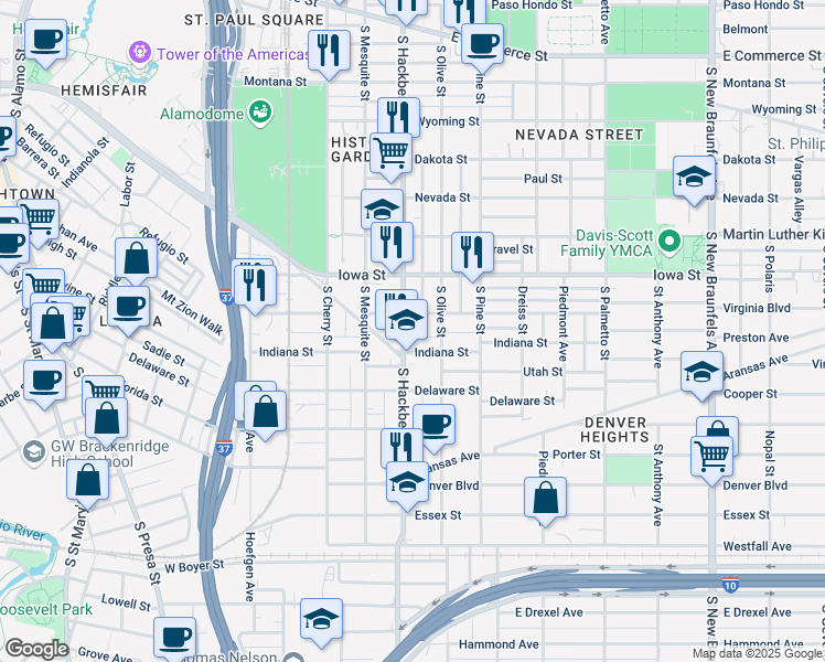 map of restaurants, bars, coffee shops, grocery stores, and more near 907 South Hackberry in San Antonio