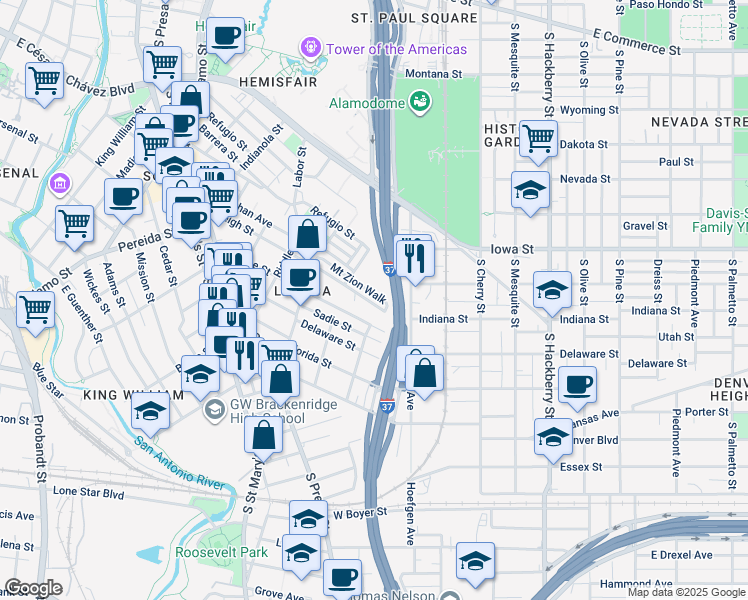map of restaurants, bars, coffee shops, grocery stores, and more near 629 Mount Zion Walk in San Antonio