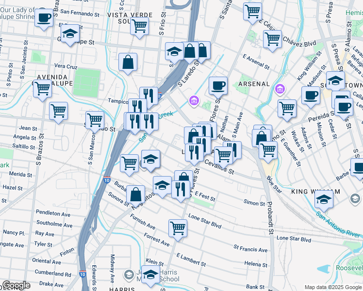 map of restaurants, bars, coffee shops, grocery stores, and more near 210 Marty Street in San Antonio