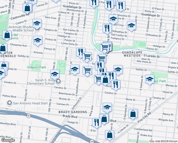 map of restaurants, bars, coffee shops, grocery stores, and more near 1630 South Elmendorf Street in San Antonio