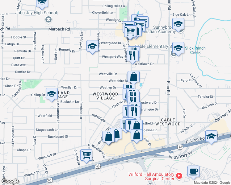 map of restaurants, bars, coffee shops, grocery stores, and more near 7122 Westlyn Drive in San Antonio
