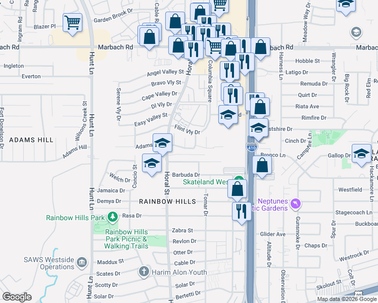 map of restaurants, bars, coffee shops, grocery stores, and more near 2130 Mossy Ridge in San Antonio