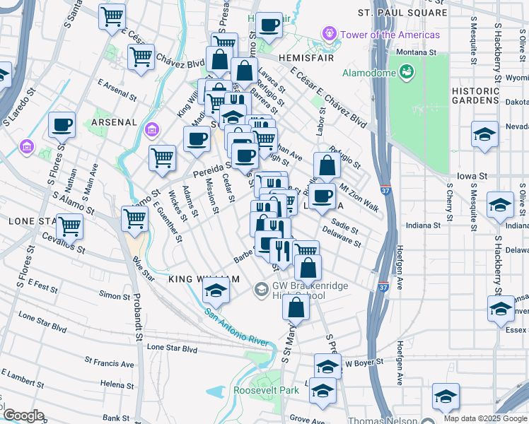 map of restaurants, bars, coffee shops, grocery stores, and more near 1015 South Presa Street in San Antonio