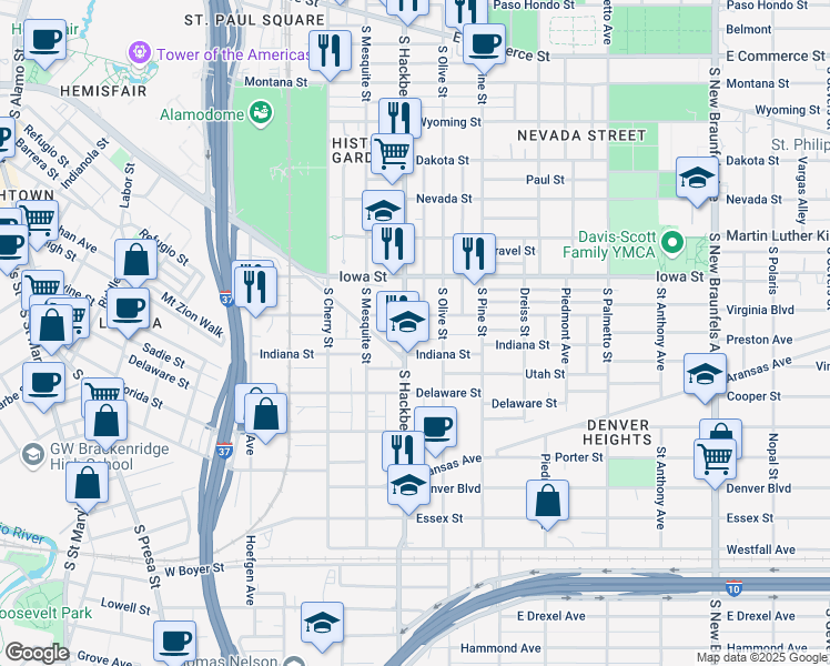 map of restaurants, bars, coffee shops, grocery stores, and more near 907 South Hackberry in San Antonio