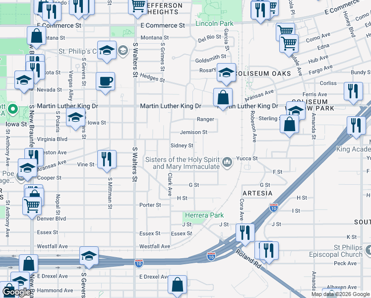 map of restaurants, bars, coffee shops, grocery stores, and more near 132 Sidney Street in San Antonio