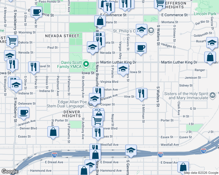 map of restaurants, bars, coffee shops, grocery stores, and more near 1404 Virginia Boulevard in San Antonio