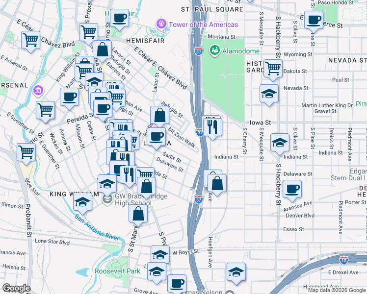 map of restaurants, bars, coffee shops, grocery stores, and more near 629 Mount Zion Walk in San Antonio