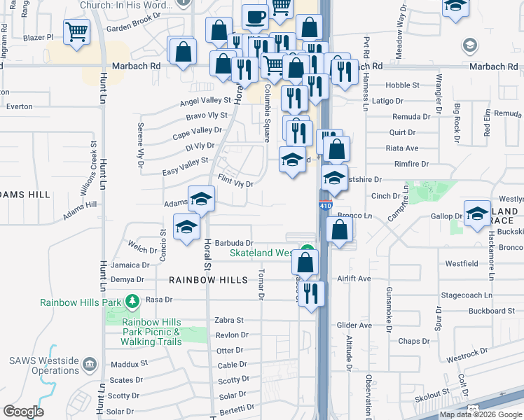 map of restaurants, bars, coffee shops, grocery stores, and more near 8434 Adams Hill Drive in San Antonio