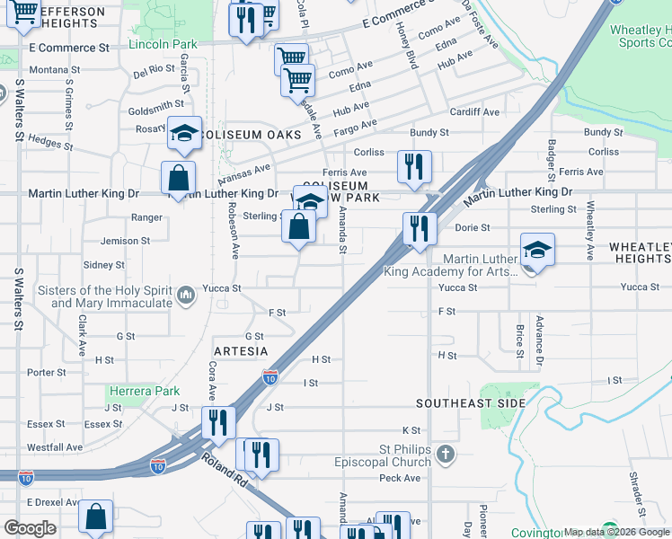 map of restaurants, bars, coffee shops, grocery stores, and more near 227 Morningview Drive in San Antonio