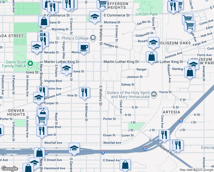 map of restaurants, bars, coffee shops, grocery stores, and more near 2130 Virginia Boulevard in San Antonio