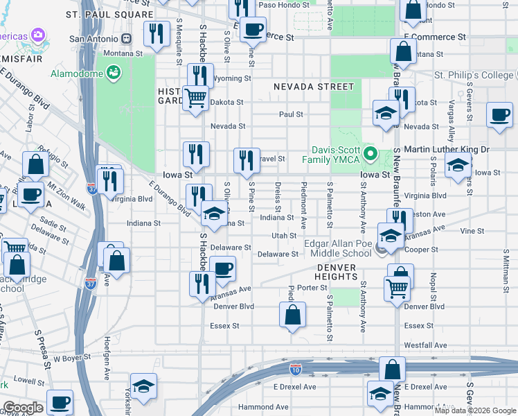 map of restaurants, bars, coffee shops, grocery stores, and more near 724 Virginia Boulevard in San Antonio