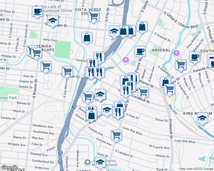 map of restaurants, bars, coffee shops, grocery stores, and more near 323 West Cevallos in San Antonio