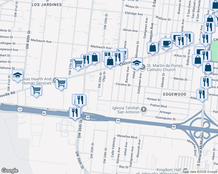 map of restaurants, bars, coffee shops, grocery stores, and more near 1903 Southwest 34th Street in San Antonio