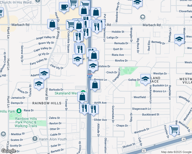 map of restaurants, bars, coffee shops, grocery stores, and more near 8138 Westshire Drive in San Antonio