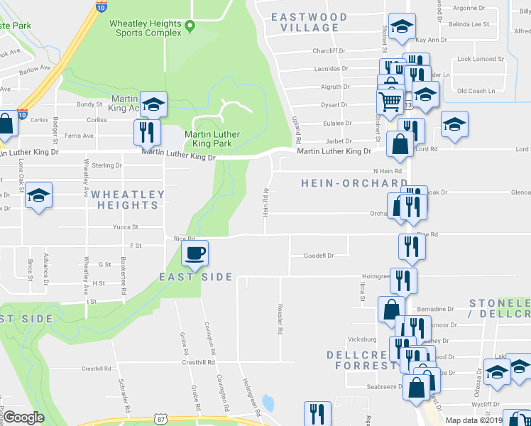 map of restaurants, bars, coffee shops, grocery stores, and more near 4426 Hein Road in San Antonio