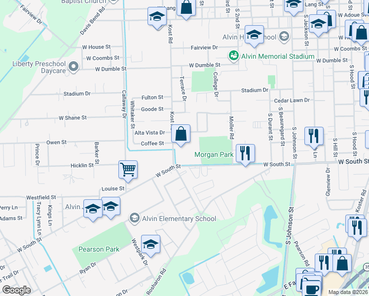 map of restaurants, bars, coffee shops, grocery stores, and more near 1611 Casa Court in Alvin